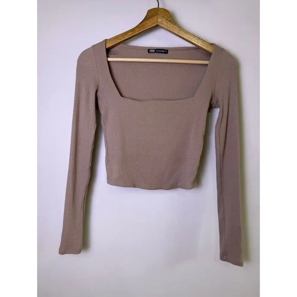 Zara Ribbed Square Neck Long Sleeve Crop Top Taupe Beige Size Small